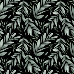 Seamless pattern with green leaves. Watercolor illustration on black background.