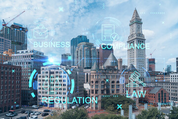 Fototapeta premium Financial downtown city view panorama of Boston from Harbor area at day time, Massachusetts. Glowing hologram legal icons. The concept of law, order, regulations and digital justice.