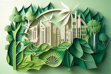 Green leaf image in the paper art style the preservation of ecology. a green energy idea. Generative Ai