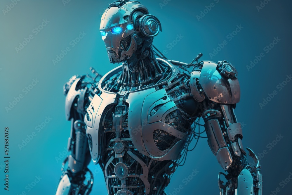Poster android man cyborg. humanoid futuristic robot on a blue background. generative ai