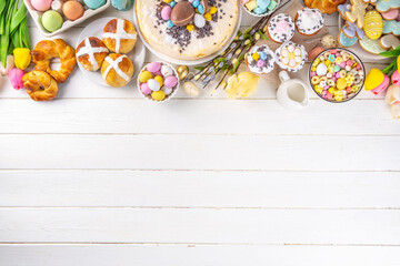 Easter brunch, breakfast food, Kids Easter party buffet. Various traditional Easter sweets, candy,...