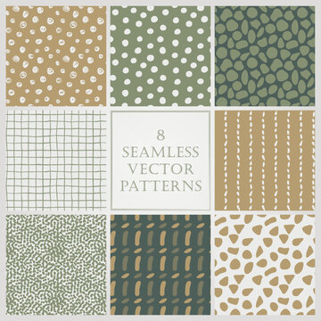 Set of seamless vector patterns with organic theme and soft moss and mustard palette.