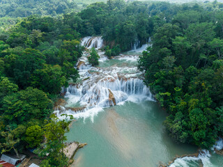 Aerial view of the waterfalls Agua Azul, Chiapas (Mexico). Panorama.