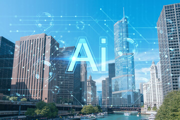 Panorama cityscape of Chicago downtown and Riverwalk, boardwalk with bridges at day time, Illinois, USA. Artificial Intelligence concept. AI and business, machine learning, neural network, robotics