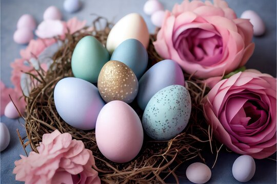 Happy Easter. Colorful easter eggs in nest on blue background. Holiday concept. Generative AI