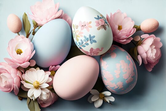 Happy Easter. Colorful easter eggs and flowers on blue background. Holiday concept. Generative AI
