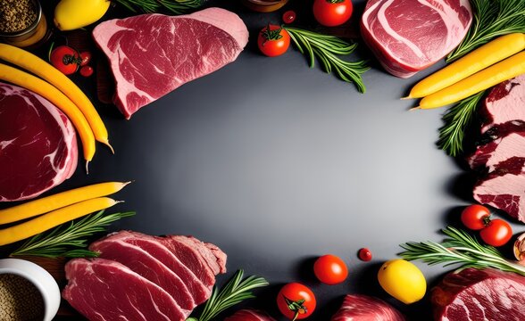 Meat Selection with vegetables for Healthy Nutrition. Top view copy space. Generative AI