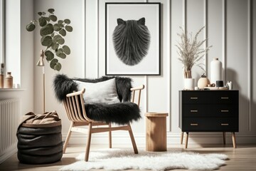 Stylish scandinavian composition of living room with design armchair, black mock up poster frame, commode, wooden stool, book, decoration, loft wall and personal accessories in modern home decor
