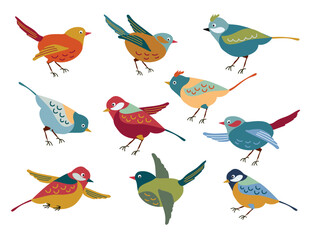 Set of spring birds. Vector. Various birds. The images are isolated on a white background.