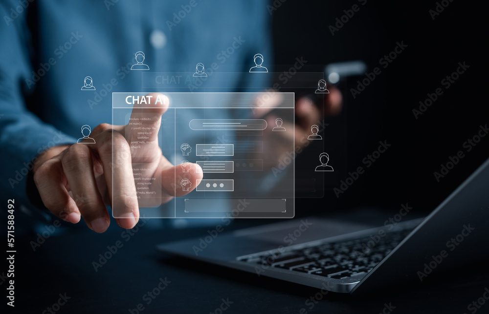 Poster Chat bot intelligence Ai. Businessman using chat in smartphone Chat with AI Artificial Intelligence, developed by OpenAI generate. Futuristic technology, robot in online system.