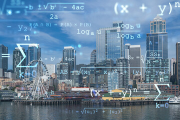 Fototapeta na wymiar Seattle skyline with waterfront view. Skyscrapers of financial downtown at day time, Washington, USA. Technologies and education concept. Academic research, top ranking university, hologram