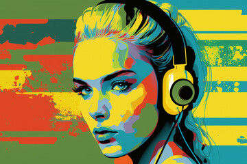 Portrait of a beautiful young woman wearing earbuds. Pop art style. Generative AI