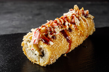 warm sushi roll hot dog in panko breadcrumbs