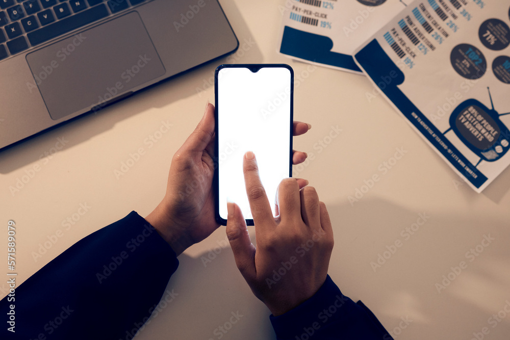 Poster Hands, top view screen and phone mock up in office for branding, web browsing or social media. Technology, mockup and female employee or woman with mobile smartphone for marketing or advertising.