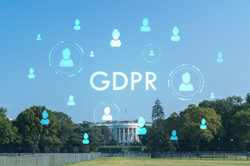 The White House on sunny day, Washington DC, USA. Executive branch. President administration GDPR hologram, concept of data protection regulation and privacy for all individuals - obrazy, fototapety, plakaty