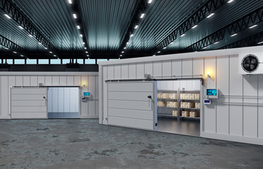Open cold rooms. Refrigerators inside hangar. Freezers with boxes. Supermarket distribution center building with refrigerators. Cold warehouse of supermarket with refrigerators. 3d rendering.