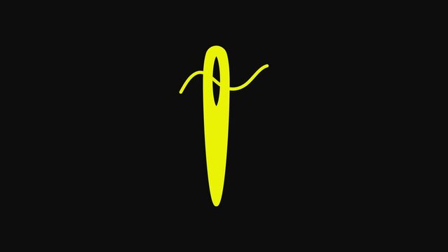 Yellow Needle for sewing with thread icon isolated on black background. Tailor symbol. Textile sew up craft sign. Embroidery tool. 4K Video motion graphic animation