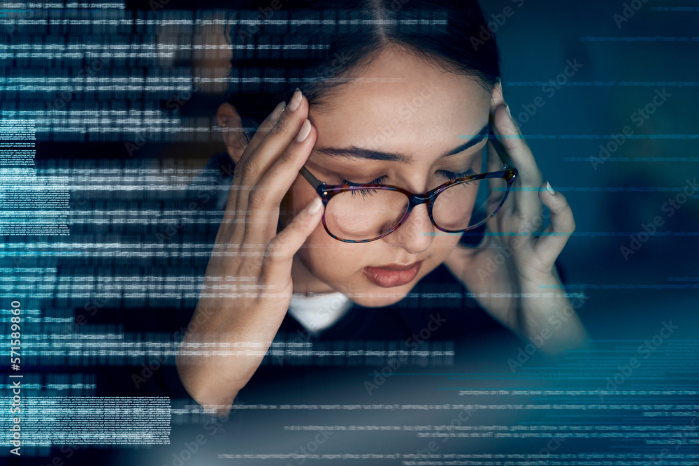 Poster programming, coding and stress with woman at night for 404, headache and digital transformation glit
