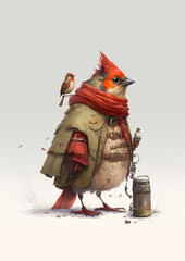 Obraz premium Tiny and cute adventure northen cardinal cardinalis bird exploring the Cozy Winter Woods Adventure Animal Poster Edition, Cardinalis Cardinalis Ai Generative