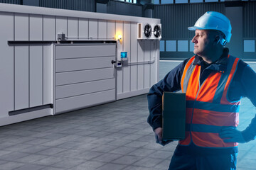 Refrigeration warehouse worker. Man with box near large refrigerator. Man next to freezer...