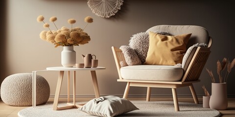 Neutral concept of living room interior with design wooden armchair, round carpet, dried flowers in vase, slippers, decoration and elegant personal accessories. Template. Copy space. Generative AI