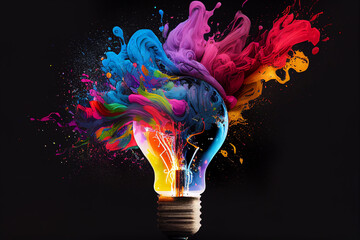 Light Bulb eureka moment with Impactful and inspiring artistic colorful explosion of paint energy. Generative Ai - obrazy, fototapety, plakaty