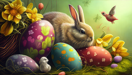 easter bunny and easter eggs celebration background illustration. generative Ai.