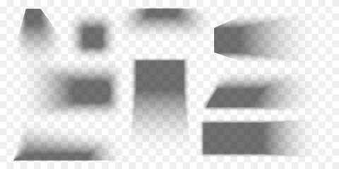 Set of square and rectangle shadow effects isolated on transporent background. Different realistic soft shapes. Shades of box, package, picture on floor or wall. Vector illustration