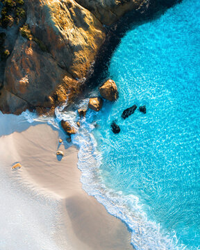 Aerial view of beach along the coastline at Torndirrup National Park, Albany, Western Australia.