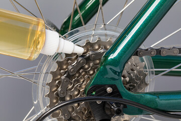 Lubricating bicycle chain and sprocket. Bike maintenance, repair and service concept. - obrazy, fototapety, plakaty
