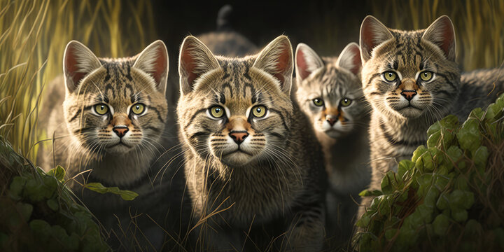 A group of wildcats, Felis silvestris, scampering through the tall grass, banner, panorama - Generative AI