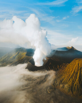 Aerial view of Mt Bromo Volcano during eruption in Bromo Tengger Semeru National Park, East Java, Indonesia.