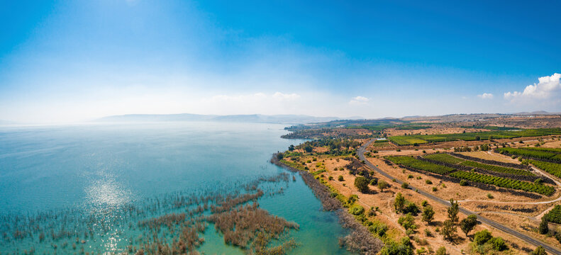 Panoramic aerial view of a lake, Sea of Galilee, Northern district, Israel.