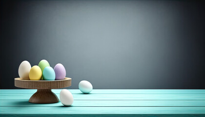 easter eggs in a basket with empty wall mock up background illustration. Generative Ai