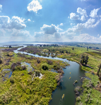 Aerial view of people kayaking in a lake, Sea of Galilee, Israel.