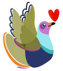 Vector isolated illustration of bright pigeon with heart on the beak. Happy Valentine's Day!