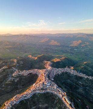 Panoramic aerial view of Centuripe, a small town on mountain crests in Enna province, Sicily, Italy.