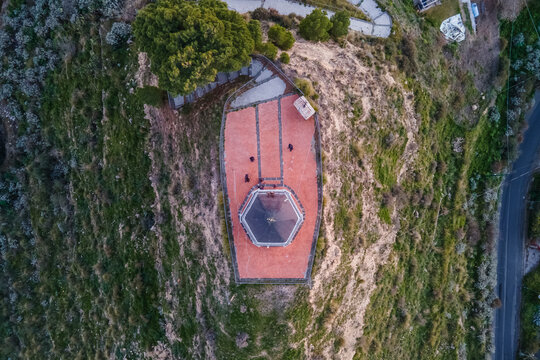 Aerial view of a small church on Monte Calvario in Centuripe, Enna, Sicily, Italy.