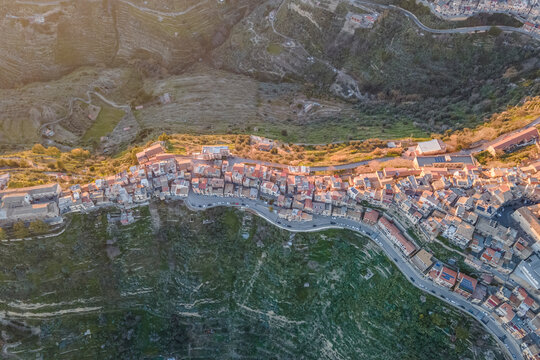 Aerial view of Centuripe, a small town on mountain crests in Enna province, Sicily, Italy.