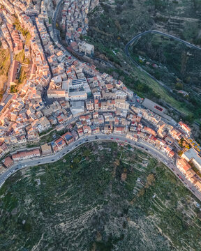 Aerial view of Centuripe, a small town on mountain crests in Enna province, Sicily, Italy.