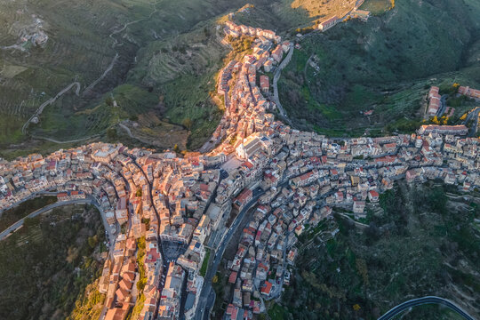 Aerial view of Centuripe, a small town on mountain crests in Enna province, Sicily, Italy.