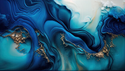 Abstract blue marble texture with gold splashes, liquid paint art