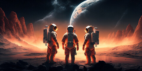 A team of astronauts, suited up in their pressurized spacesuits, standing on the surface of a strange and alien world. Generative Ai