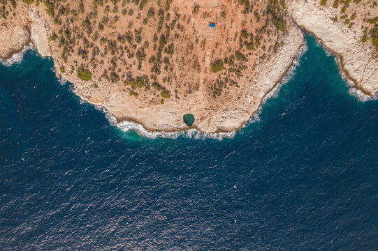 Aerial Top Down Drone view of Giola lagoon, Island Thasos, Greece.