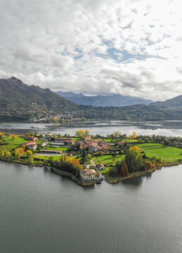 Aerial view of Isella, a small village on Annone Lake, Lecco, Italy.