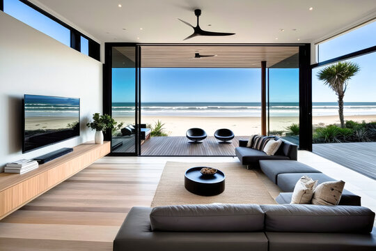 A beachfront home with a seamless indoor-outdoor design, interior design