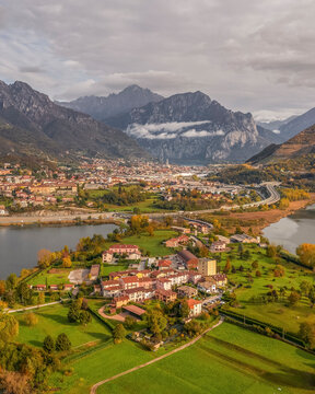 Aerial view of Isella, a small village on Annone Lake, Lecco, Italy.