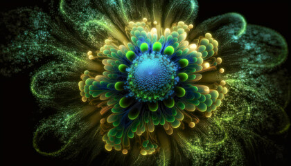 Obraz premium Sacred geometry glowing flower fractal with particles and light. Generative AI