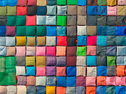 Aerial view of local market colourful tents at Minar Moshjid Tabling for the Global Muslims Congregation in Tongi, Dhaka, Bangladesh.