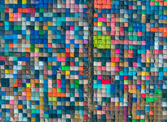 Aerial view of local market colourful tents at Minar Moshjid Tabling for the Global Muslims Congregation in Tongi, Dhaka, Bangladesh.
